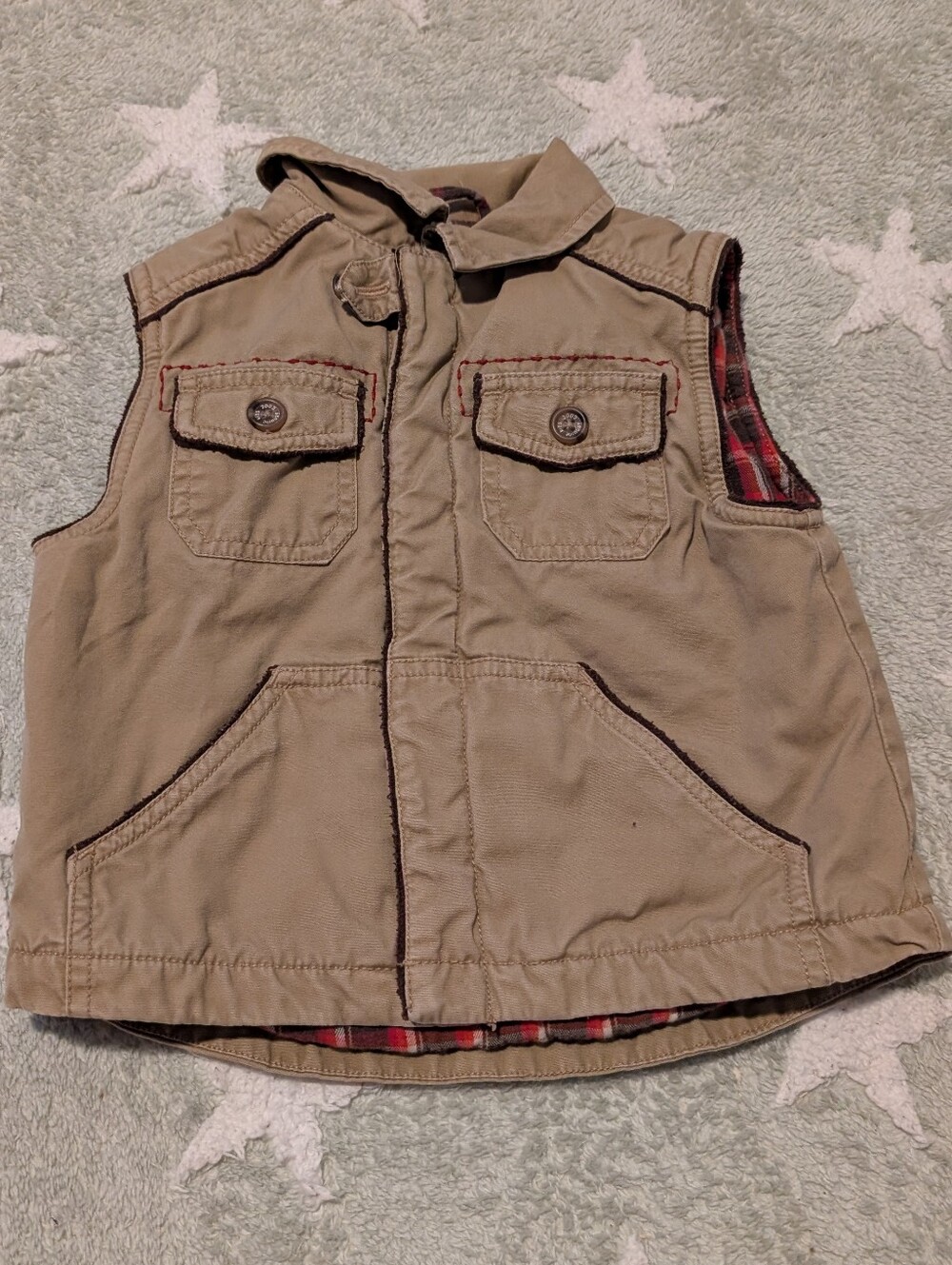 Vintage Kids Tan Hooded Utility Vest with Red Plaid Lining